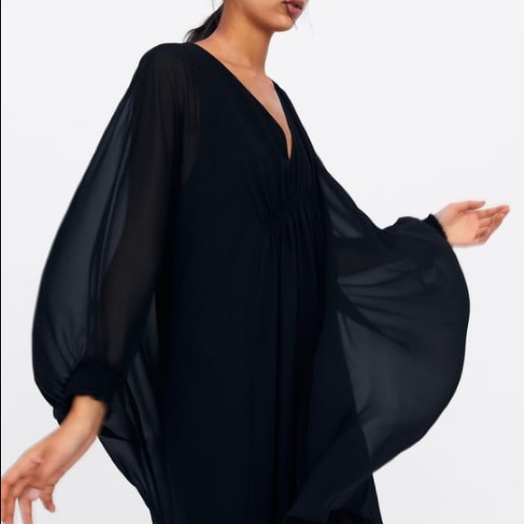 Zara Black V-Neck Cape Style Gathered Flowy Dress - Picture 7 of 14